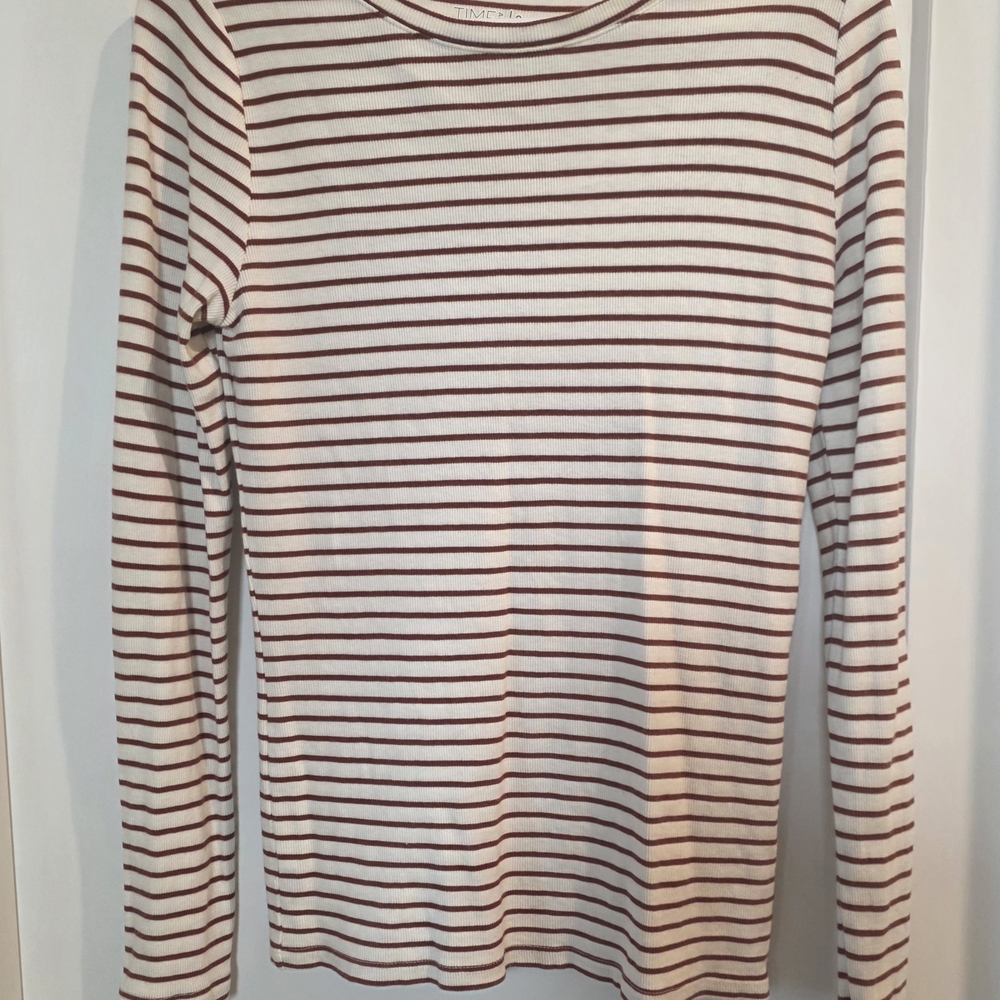 Time and Tru Brown and White Striped Long Sleeve Tee